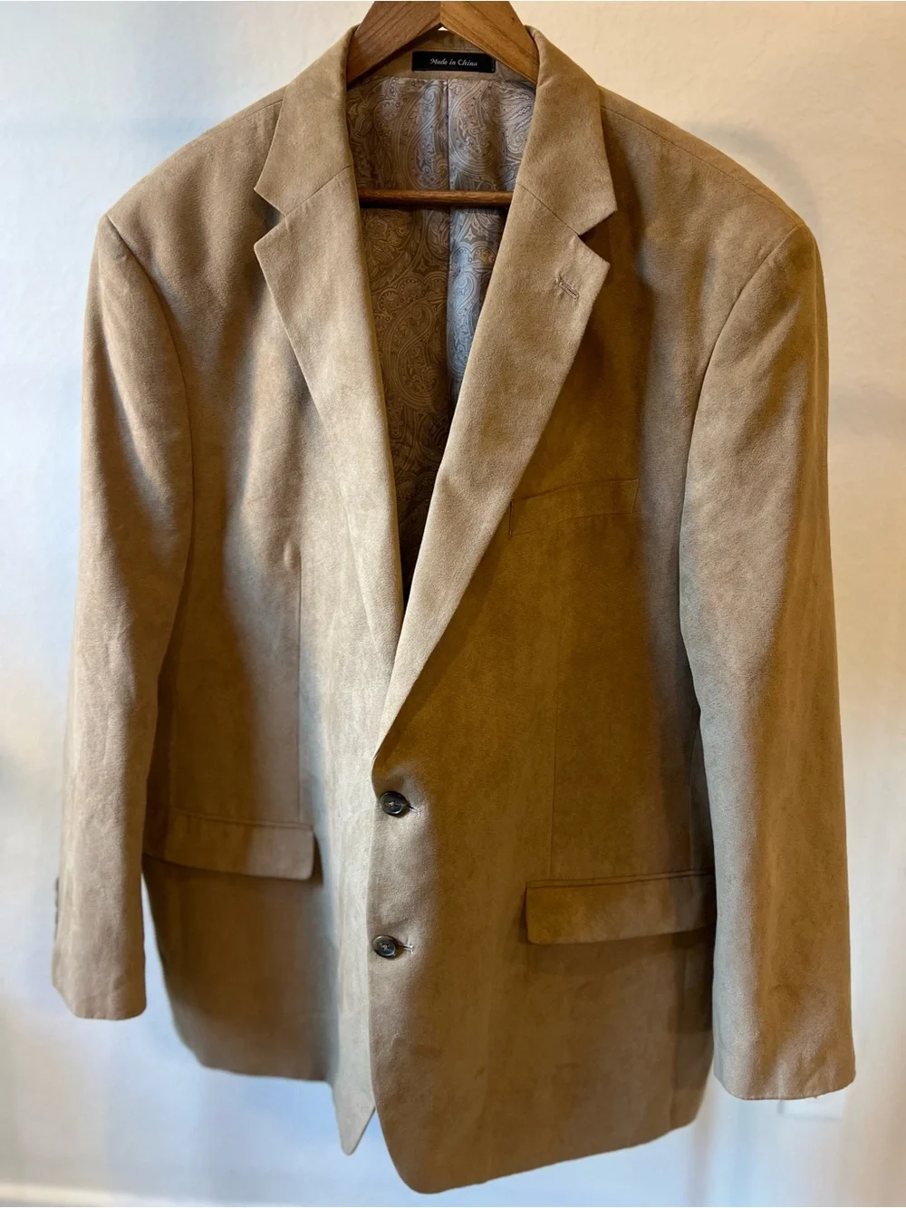 Chaps Faux Suede Blazer Mens Size 48L Camel Tan Paisley Lined Sport Coat